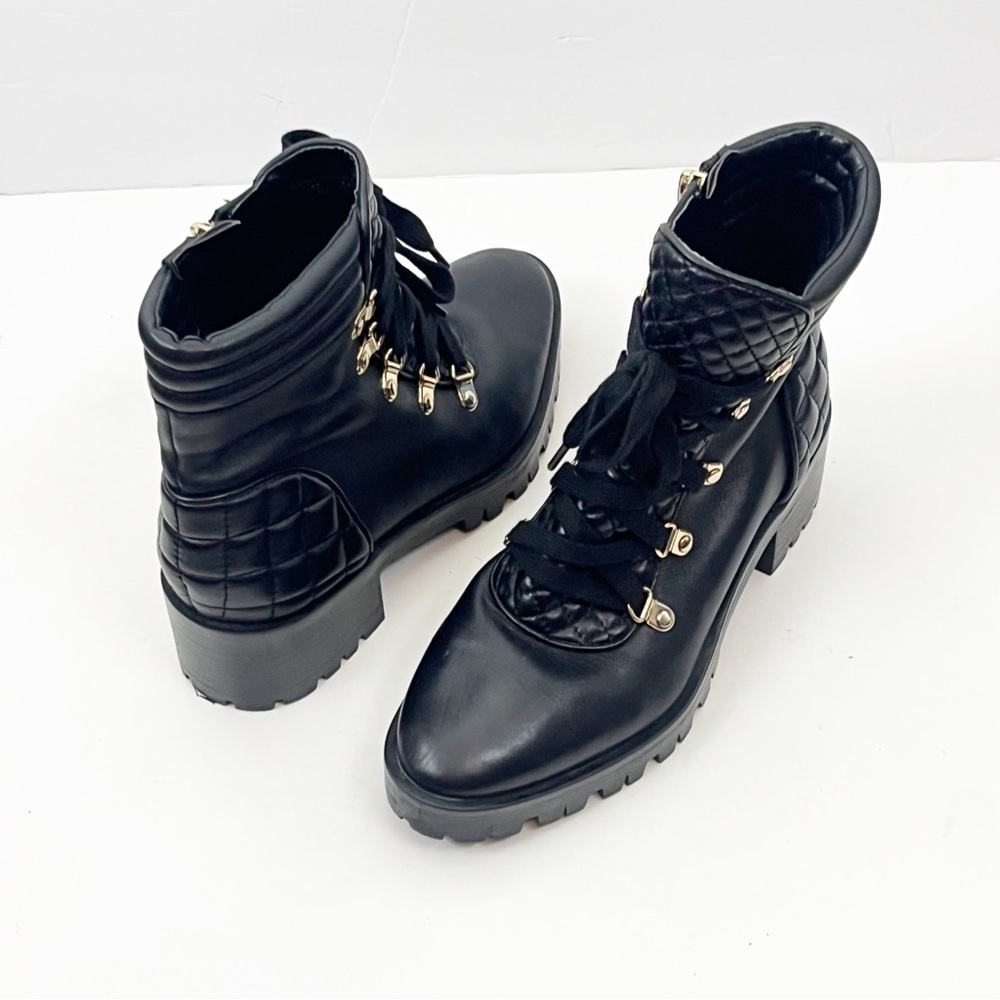 KARL LAGERFELD Pervot Black Leather Round Toe Side Zip Quilted Combat Boots 6